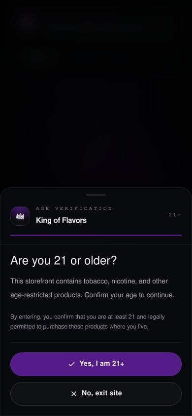Mobile King of Flavors age-verification sheet with vertically aligned confirmation controls