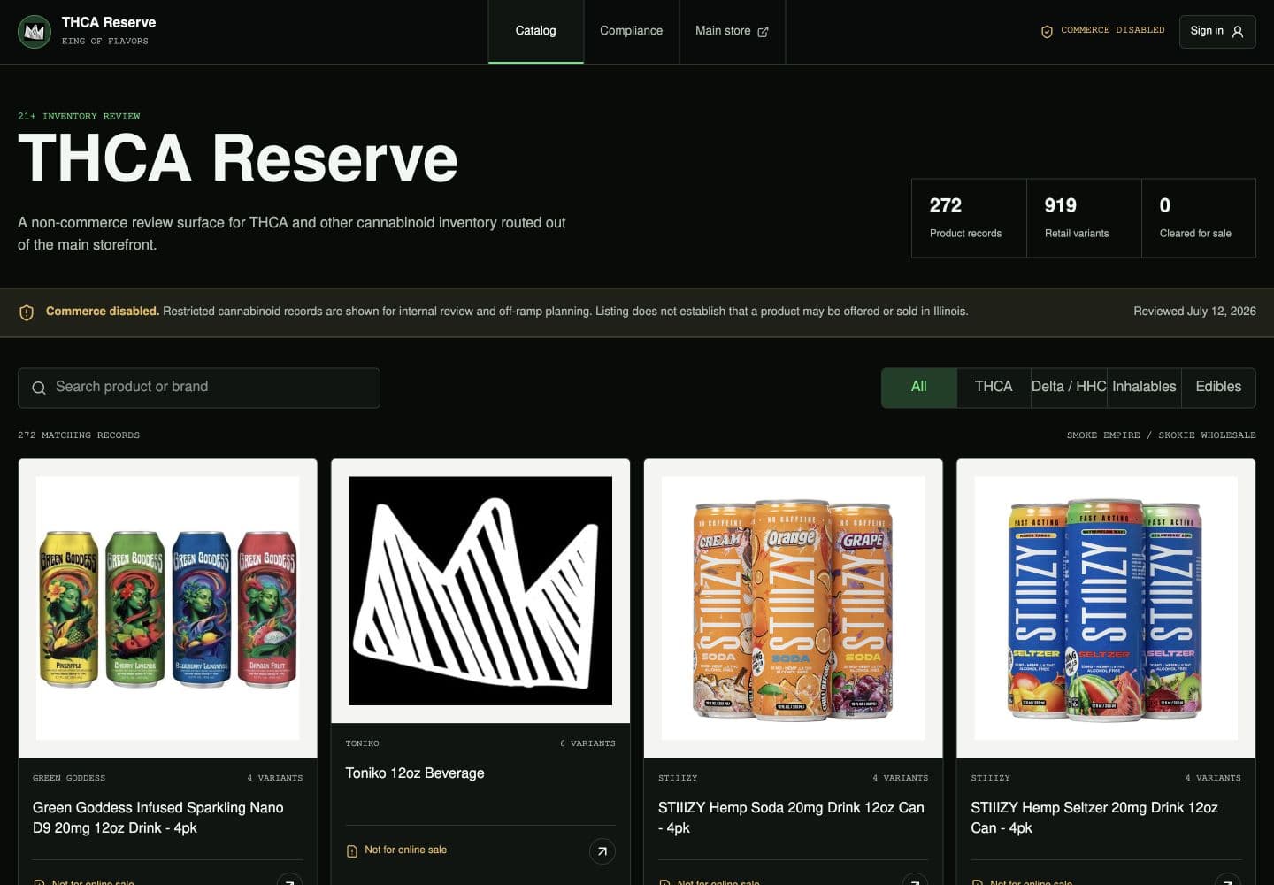 Desktop THCA Reserve catalog with 272 product records, compliance status, search, filters, and locked product cards