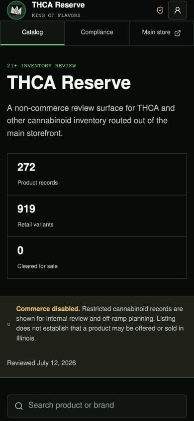Mobile THCA Reserve catalog showing the responsive header, catalog totals, and commerce-disabled notice